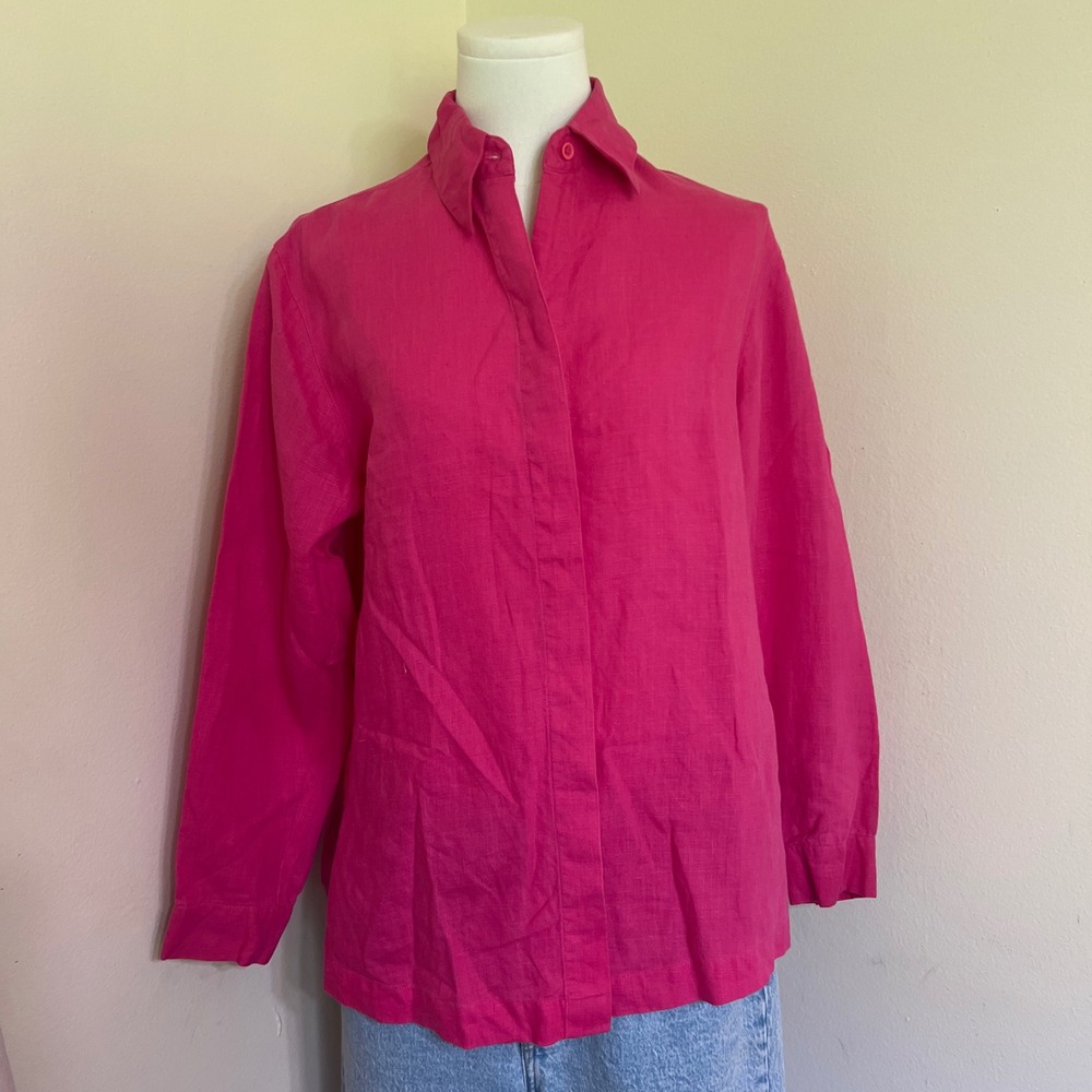 Womens Hot Pink 100% Linen Long Sleeve Hidden Button Down Shirt Size 6